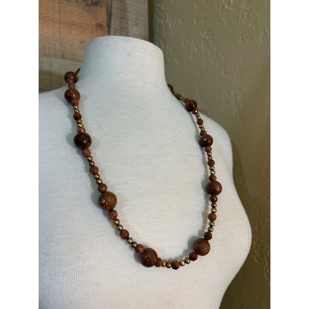 Handmade Brown Goldstone Beaded Necklace Sparkling Copper Flecks Toggle Clasp 28